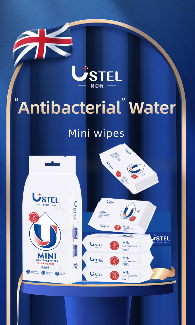 USTEL Mini Sanitary Wet Wipes – 8 bags each 8 pieces 
 | مناديل مبللة صحية صغيرة من USTEL – 8 أكياس، كل كيس يحتوي على 8 قطع