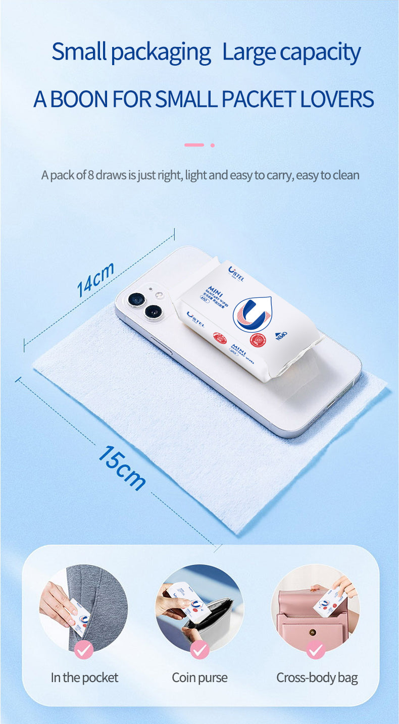 USTEL Mini Sanitary Wet Wipes – 8 bags each 8 pieces 
 | مناديل مبللة صحية صغيرة من USTEL – 8 أكياس، كل كيس يحتوي على 8 قطع