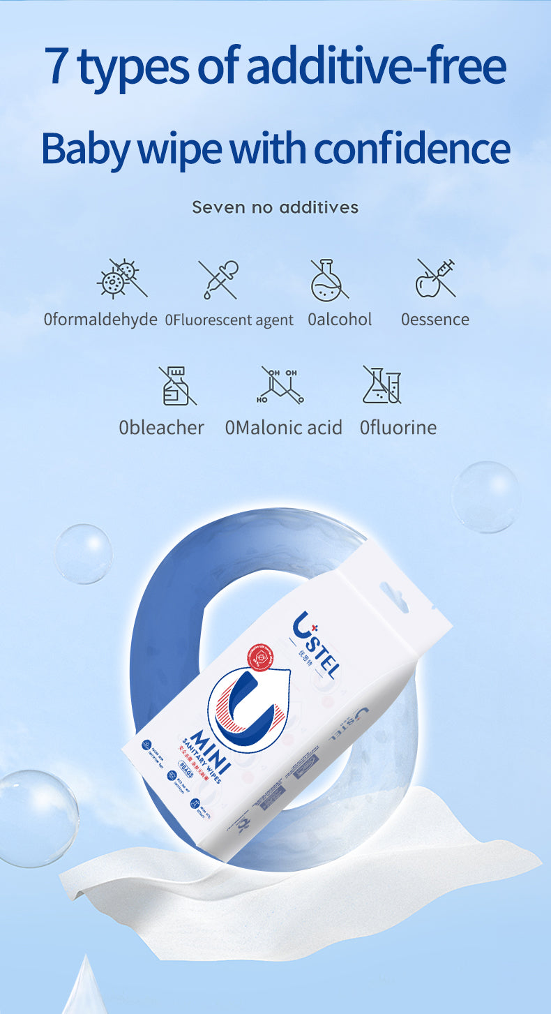 USTEL Mini Sanitary Wet Wipes – 8 bags each 8 pieces 
 | مناديل مبللة صحية صغيرة من USTEL – 8 أكياس، كل كيس يحتوي على 8 قطع