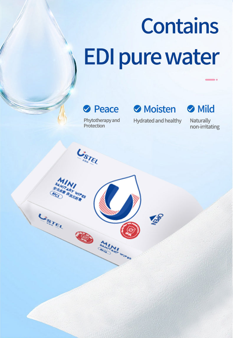 USTEL Mini Sanitary Wet Wipes – 8 bags each 8 pieces 
 | مناديل مبللة صحية صغيرة من USTEL – 8 أكياس، كل كيس يحتوي على 8 قطع